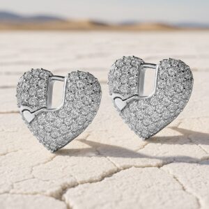 Rhodium-Plated Cubic Zirconia Studded Heart Shape Hoop Earrings - Silver