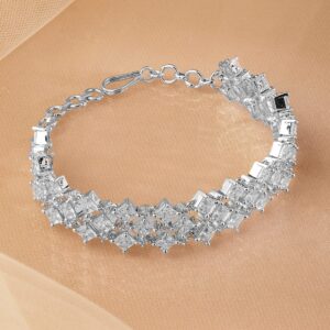 Rhodium-Plated Cubic Zirconia Studded Luxurious Bracelet - Silver