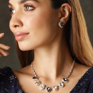 Rhodium-Plated Cubic Zirconia Studded Necklace Set with Multi-Color Gemstones - Silver