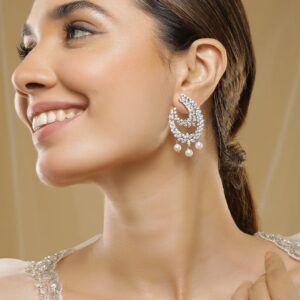 Rhodium-Plated Cubic Zirconia Studded Statement Crescent Earrings with Pearl Drops