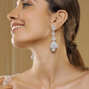 Rhodium-Plated Cubic Zirconia Studded Statement Drop Earrings - Silver