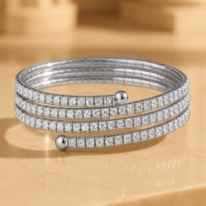 Rhodium-Plated Cubic Zirconia Studded Triple Line Bangle Style Bracelet - Silver