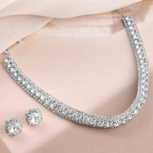 Rhodium Plated CZ & Crystal Studded Jewellery Set - Silver