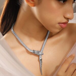 Rhodium Plated Demi Fine Bold Dragon Motif Necklace with Crystal Cubic Zirconia - Silver