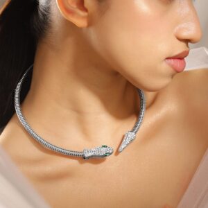 Rhodium Plated Demi Fine Snake Motif Statement Choker with White & Emerald Stones - Silver