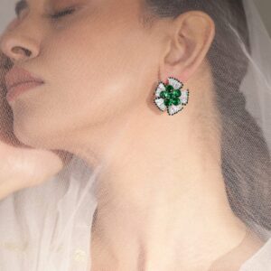 Rhodium-Plated Emerald and Crystal Floral Stud Earrings - Gold