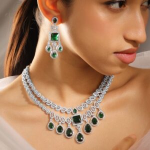 Rhodium-Plated Emerald Green & AAA Cubic Zirconia Luxe Statement Jewellery Set in Silver Tone for Women