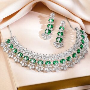 Rhodium-Plated Emerald Green & Cubic Zirconia Studded Floral Necklace Set