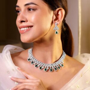 Rhodium-Plated Emerald Green & Cubic Zirconia Studded Necklace Set
