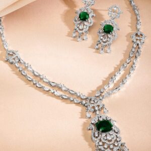 Rhodium-Plated Emerald Green & White AAA Cubic Zirconia Statement Jewellery Set