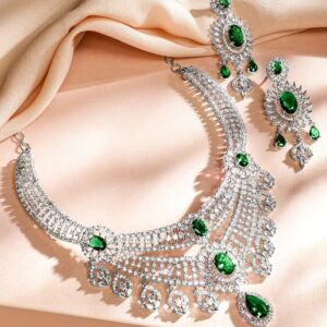 Rhodium-Plated Emerald Green & White Cubic Zirconia Layered Choker Jewellery Set - Green