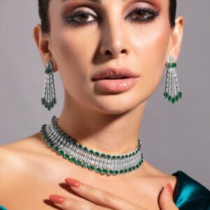 Rhodium-Plated Emerald Green & White Cubic Zirconia Studded Choker Necklace Set - Silver