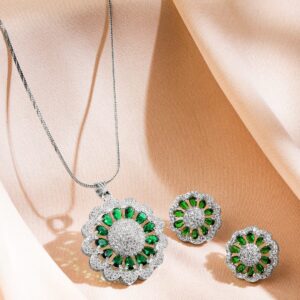 Rhodium-Plated Emerald Green & White Cubic Zirconia Studded Classic Premium Floral Pendant Necklace Set