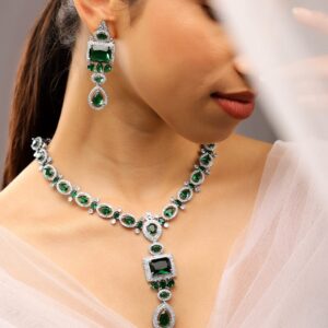 Rhodium-Plated Emerald Green & White Cubic Zirconia Studded Luxe Jewellery Set - Green
