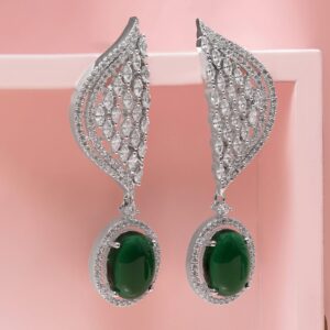 Rhodium-Plated Emerald Green & White Cubic Zirconia Studded Premium Drop Earrings