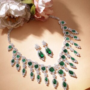 Rhodium Plated Emerald Green Zirconia Statement Jewellery Set - SIlver::Green