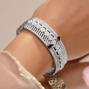 Rhodium-Plated Floral Design Bracelet with Blue Sapphire & Cubic Zirconia Accents