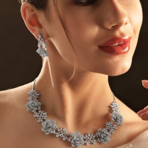 Rhodium plated Floral motif pave AD Studded Necklace set - Silver
