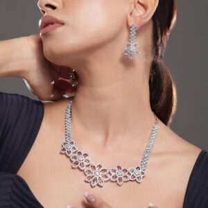 Rhodium-Plated Floral Shape Sapphire & CZ Studded Necklace & Earrings - Silver