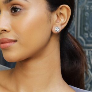 Rhodium-Plated Geometric Oval Cubic Zirconia Studded Statement Stud Earrings