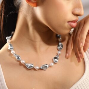 Rhodium Plated Handcrafted Sculptural Necklace with White Pearls & Silver Accents - Silver