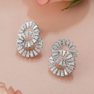 Rhodium-Plated Interlinked Oval Design Stud Earrings with Sparkling Cubic Zirconia Stones