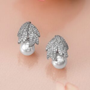 Rhodium-Plated Leaf Design Cubic Zirconia & Pearl Stud Earrings