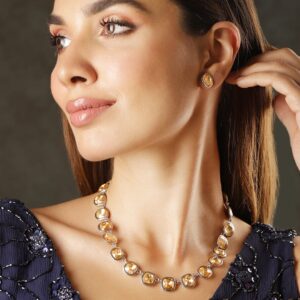 Rhodium Plated Light Gold Cubic Zirconia Gemstone Statement Necklace - Silver