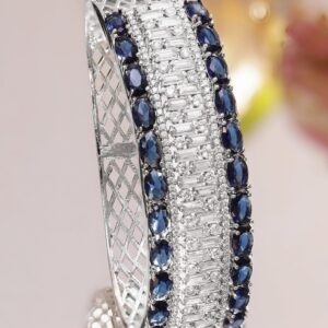 Rhodium-Plated Luxe Statement Bracelet with Blue Sapphire Stones & Cubic Zirconia Detailing