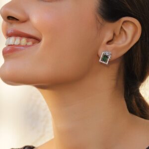 Rhodium Plated Luxury Premium Green Emerald and AAA Cubic Zirconia Stud Earrings - Silver