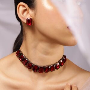 Rhodium-Plated Maroon Crystal Cubic Zirconia Studded Statement Choker Jewelry Set - Maroon