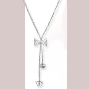 Rhodium Plated, Minimal Chain Bow Motif Zircons Studded Drop Necklace. - Silver