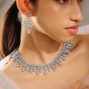 Rhodium-Plated Mint Green & AAA Cubic Zirconia Studded Premium Necklace Set for Women