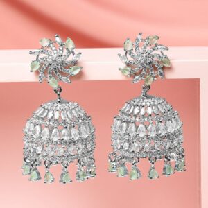 Rhodium-Plated Mint Green AD Drop Beaded & Cubic Zirconia Studded Floral Jhumka Earrings