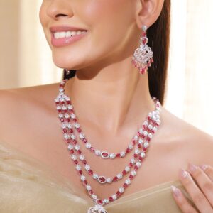 Rhodium-Plated Multi-Layer Ruby Red & Cubic Zirconia Chandelier Luxe Statement Necklace Set