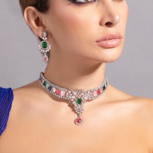 Rhodium-Plated Multicolor Gemstone & Cubic Zirconia Studded Choker Necklace Set - Silver