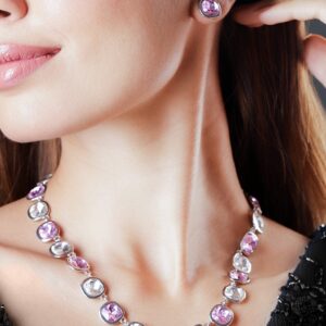 Rhodium Plated Mutli Colour Princess Cut Zirconia Studded Necklace Set - Multicolor