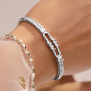Rhodium-Plated Open-Link Bracelet with Marquise & Baguette Cubic Zirconia Accents