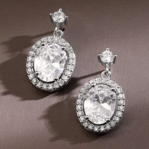 Rhodium-Plated Oval-Cut Cubic Zirconia Studded Drop Earrings - Silver