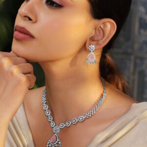 Rhodium-Plated Pastel Pink AD & Cubic Zirconia Studded Necklace Set - Pastel Pink