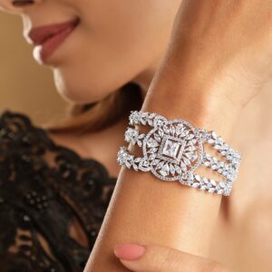 Rhodium Plated Pave Cubic Zirconia Stone Studded Triple Layer Premium Chain Bracelet - Silver