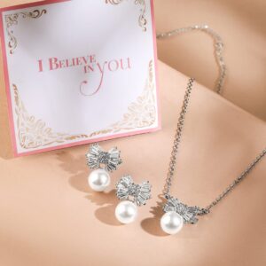 Rhodium-Plated Pearl and Crystal Bow Pendant Necklace and Earrings - Silver