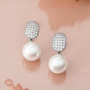 Rhodium-Plated Pearl Drop Earrings with Cushion-Shaped Diamond Studded Top