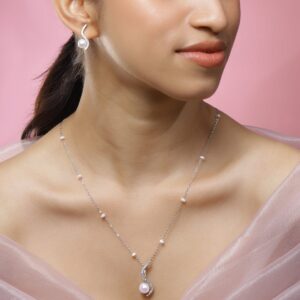 Rhodium-Plated Pearl & White Cubic Zirconia Pendant Necklace Set