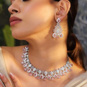 Rhodium-Plated Pink AD & Cubic Zirconia Studded Statement Necklace Set - Pink
