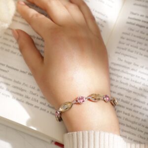 Rhodium Plated Pink and Light Gold Zicronia Gemstone Link Bracelet - Silver