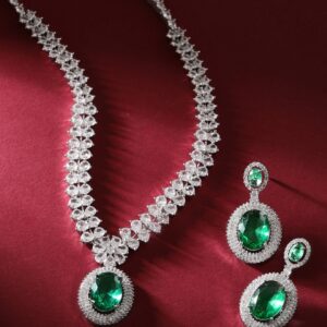 Rhodium Plated Premium White & Emerald Solitaire Zircons Pendant Necklace Set - Silver::Green
