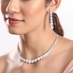 Rhodium Plated Premium White Zircons Necklace Set. - Silver