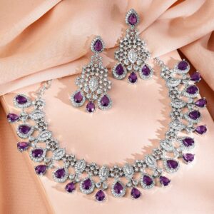 Rhodium-Plated Purple Sapphire & Cubic Zirconia Studded Premium Necklace Set