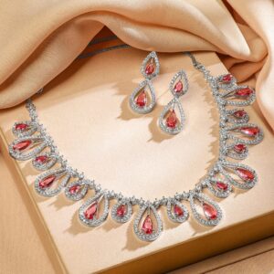 Rhodium Plated Rosé Pink & White Cubic Zirconia Studded Teardrop Design Premium Jewellery Set - Rose Pink